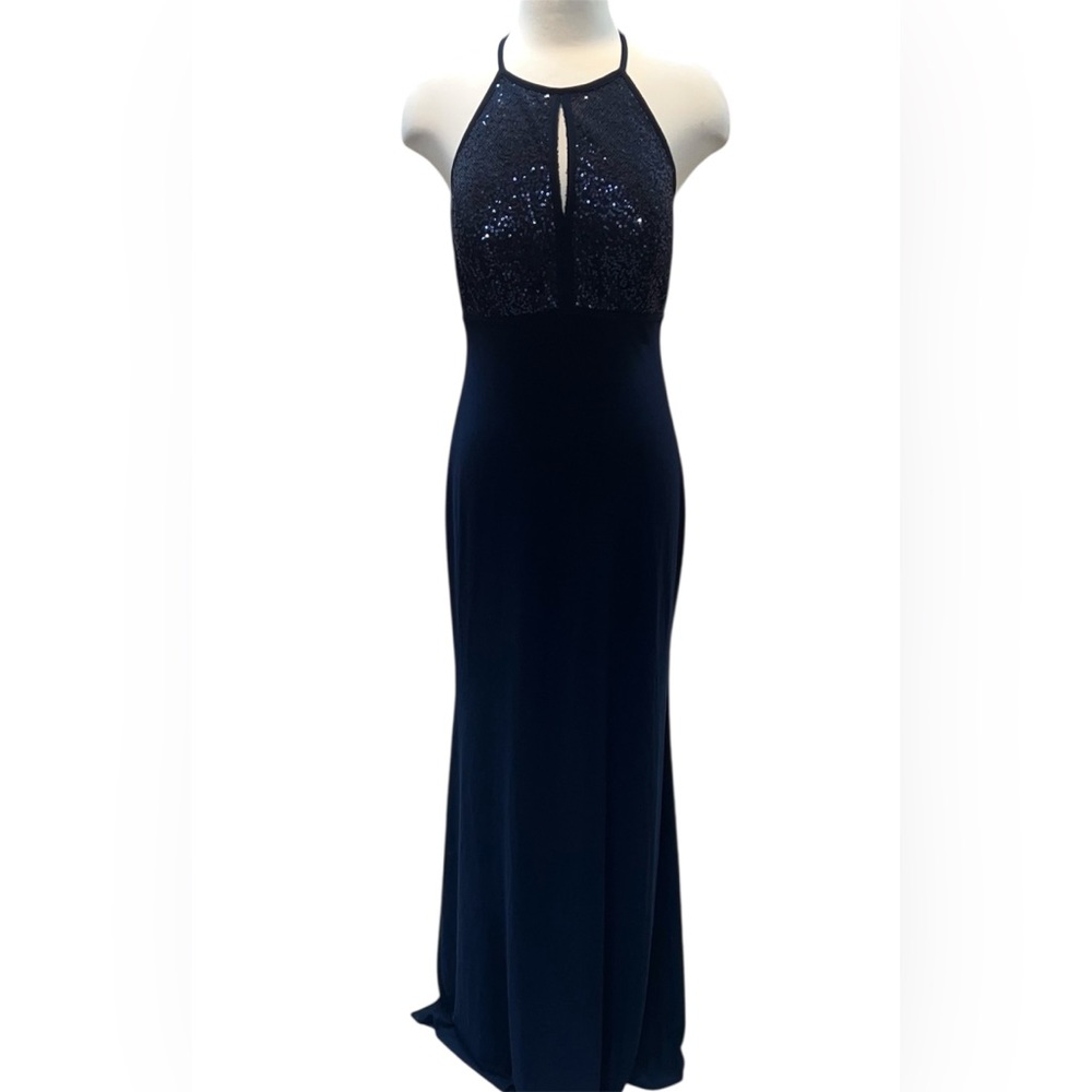 X Xscape Maxi‎ Dress Women 10 Navy Blue Halter Sequin Keyhole Formal Gown XC118